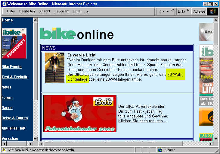 Bike Website im Dez 2002